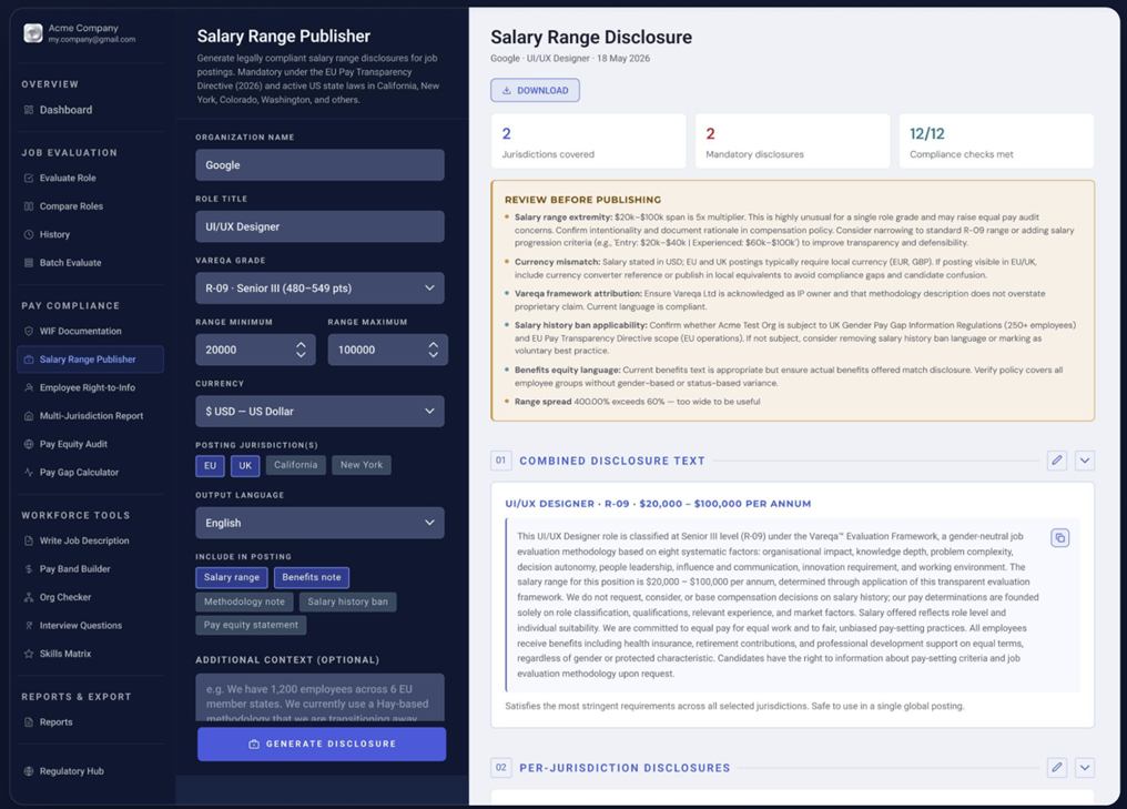 Vareqa generando una divulgación de rango salarial a partir de un grado aprobado